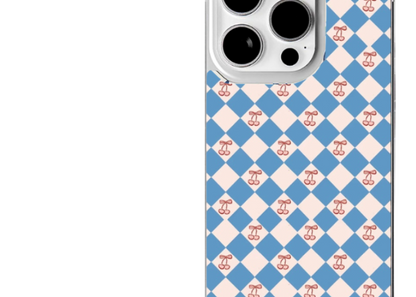 Phone case with blue and white checkered pattern on a white background