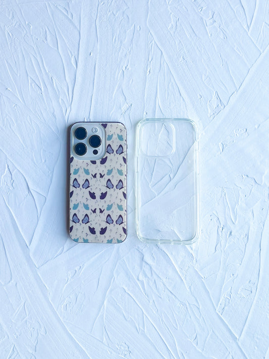 Blue butterfly and floral design on phone case insert with clear case